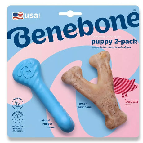 Benebone Dog Toy Puppy Rubber Bone & Wishbone Bacon Tiny 2-Pack