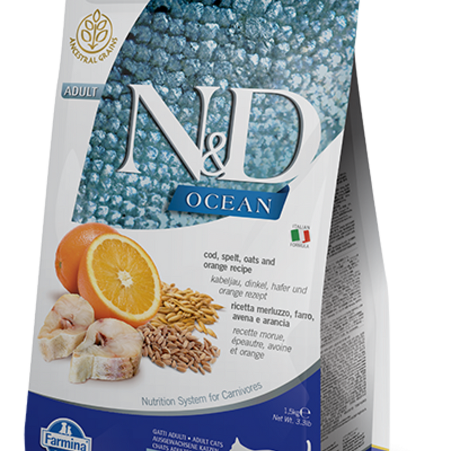 Farmina Ocean N&D Natural & Delicious Adult Cod, Spelt, Oats & Orange Dry Cat Food