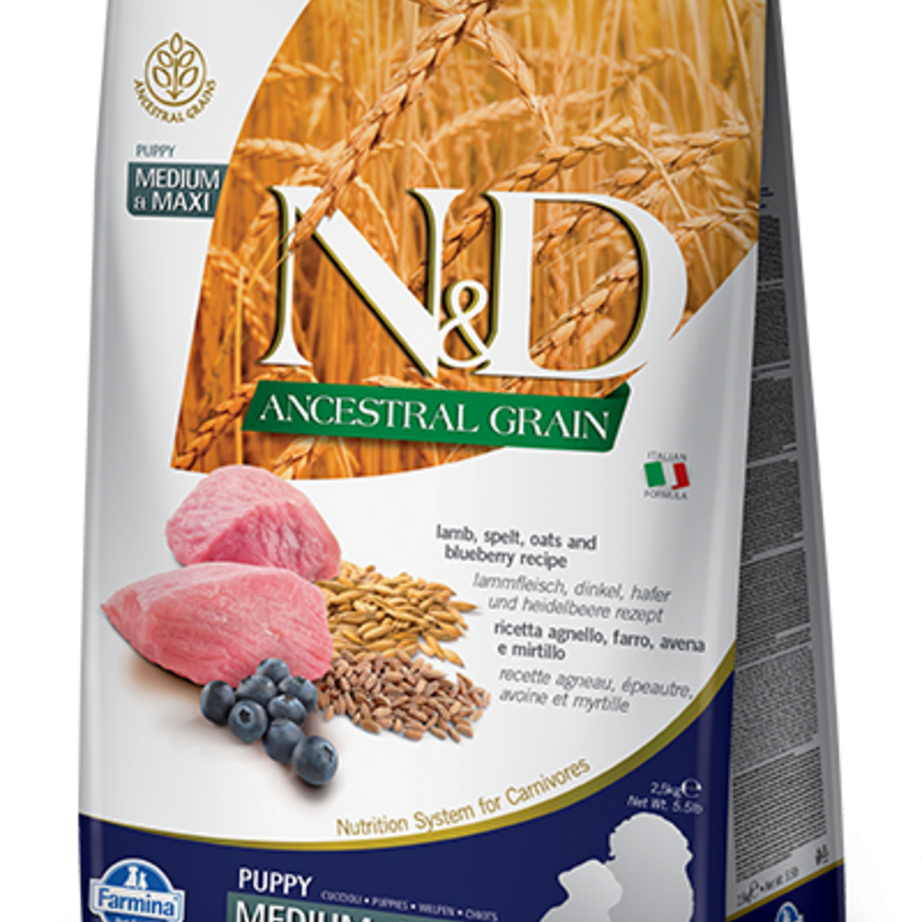 Farmina N&D Natural & Delicious Low Grain Medium & Maxi Puppy Lamb & Blueberry Dry Dog Food