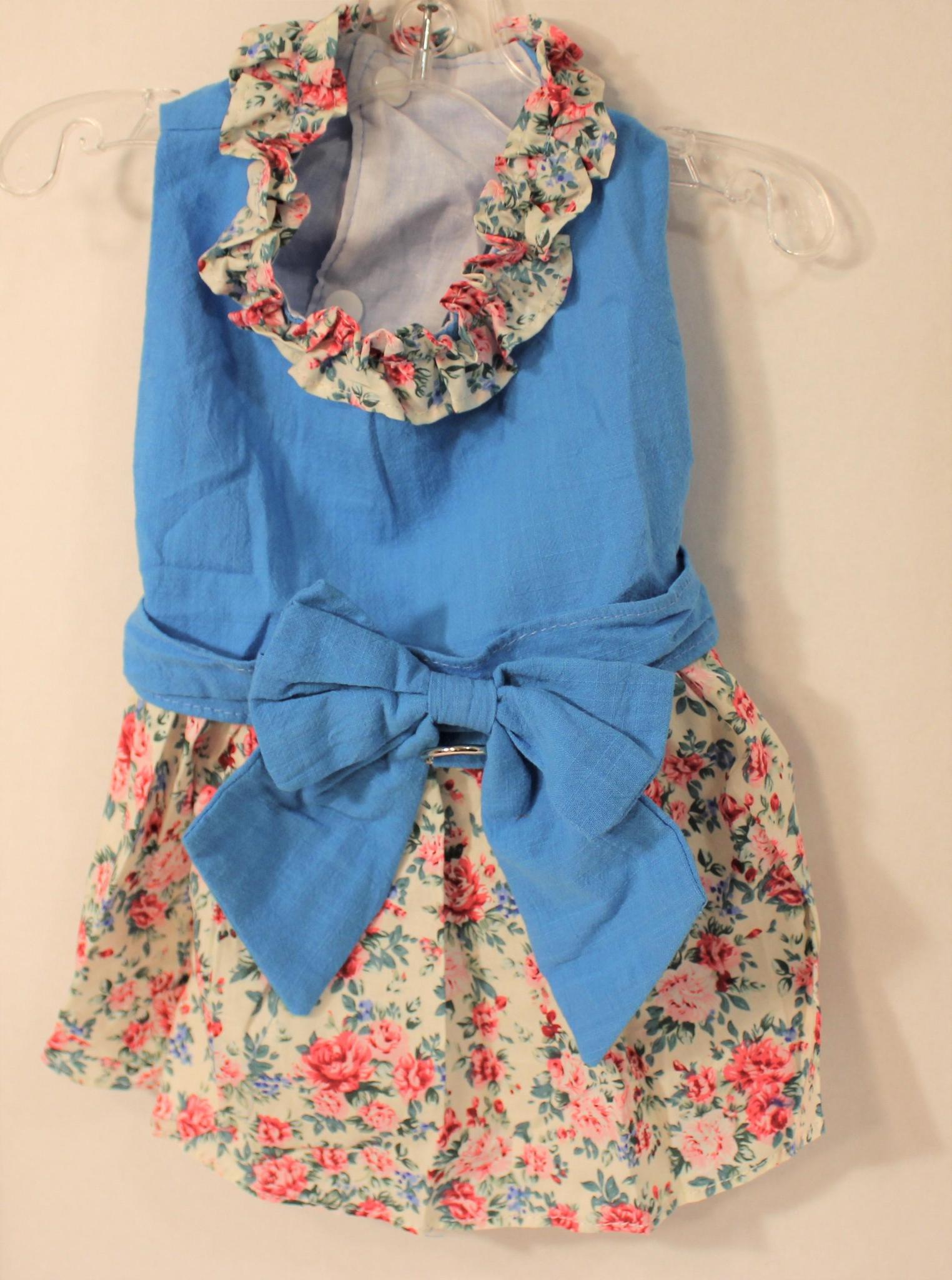 Dress with Blue Bodice, Rose flowers, D ring and Matching Leash - Mr Mochas Pet Supplies